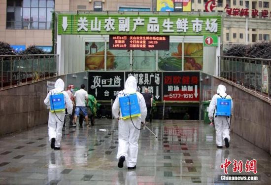 资料图：消防员进入湖北省武汉市关山农副产品生鲜市场内开展消杀作业。 王方 摄