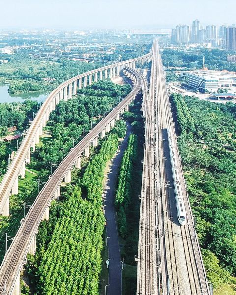 武广高铁是我国最繁忙的高铁之一。图为武汉戴家湖段，动车组呼啸而过。 (湖北日报全媒记者 梅涛 摄