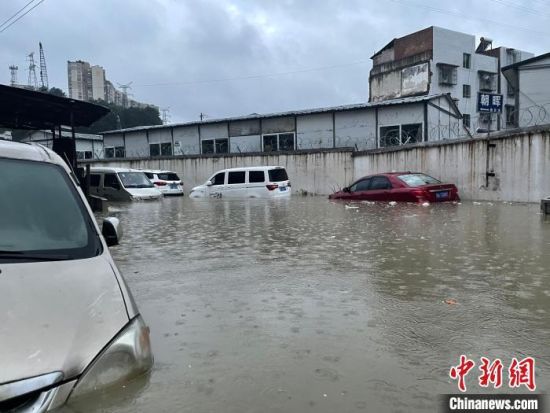 资料图：6月10日，暴雨致贵州贵阳一路段处积水，车辆被淹。　郑宇 摄